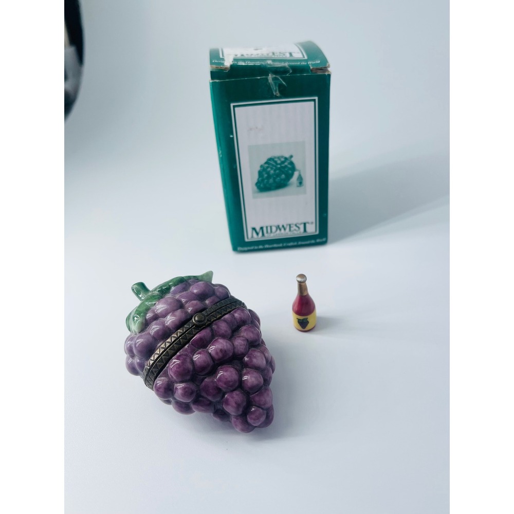 Midwest of Cannon Falls Grapes Porcelain Hinged Trinket Box Wine Bottle PHB